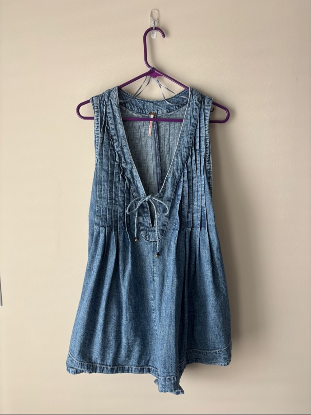 Free People Washed Blue Denim Tie-Front Romper